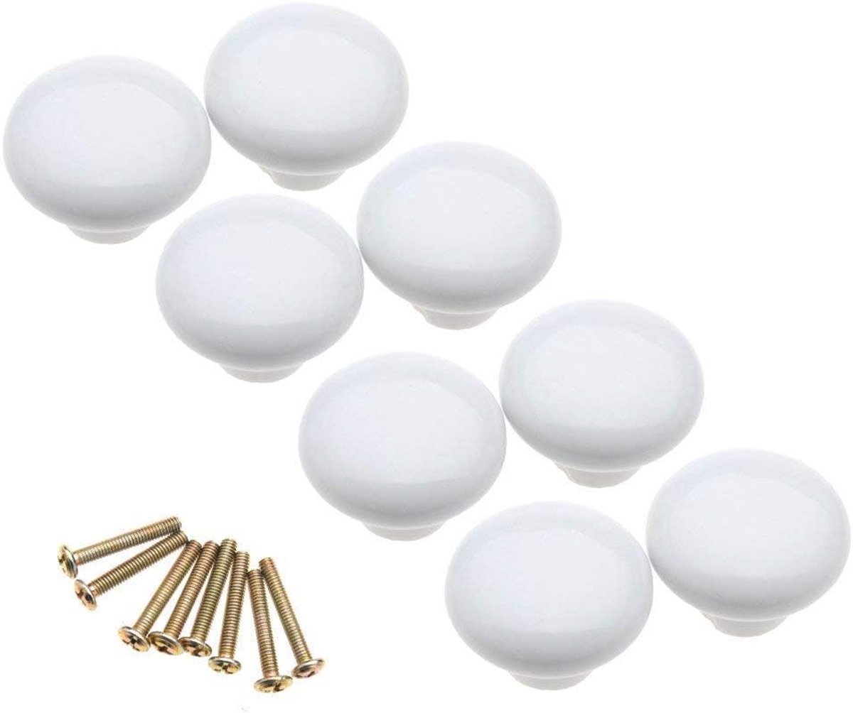 SnelShoppen - 8-delige Witte Paddenstoel Keramische Deurklink Kasttrekker Handgreep - 32mm Diameter - Perfect voor Keuken, Badkamer en Meubelprojecten