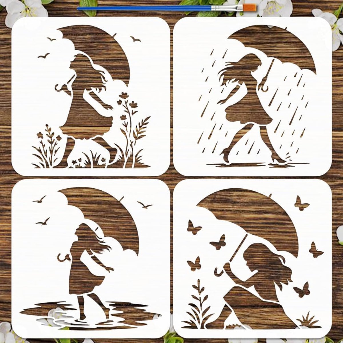 SnelShoppen - 4 Stuks Regenachtige Dames Sjablonen met Kwast 20x20cm Voor Schilderen op Hout, Vloer, Tegel en Muur - PET Materiaal - Creatieve Decorat