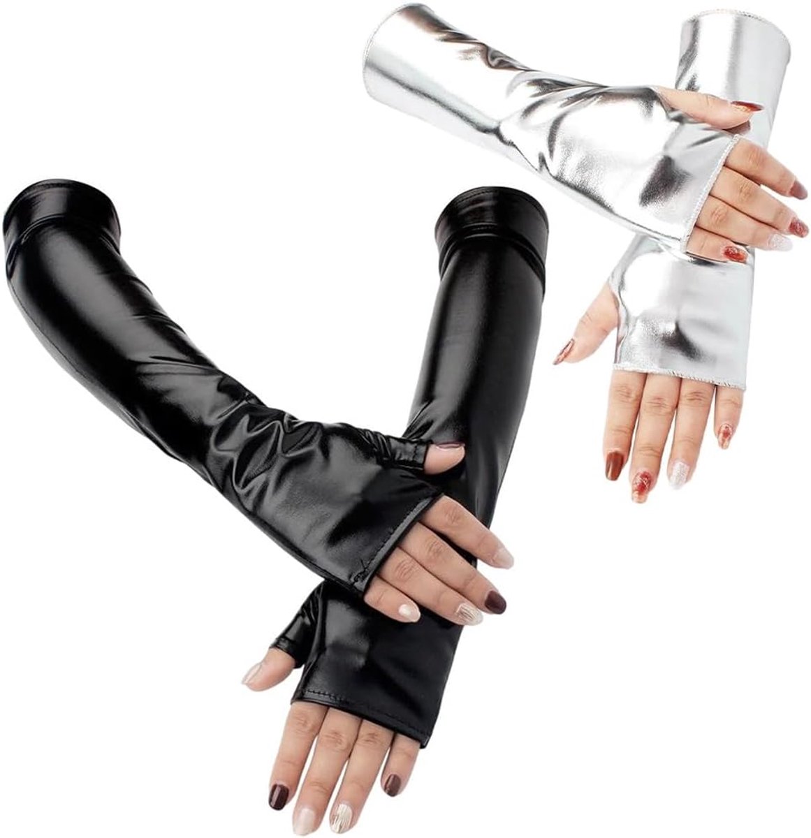 SnelShoppen - 2 Paar Korte PU Leren Metallic Vingerloze Handschoenen - Stretchy Gothic Punk Halve Palm Maat voor Vrouwen - Halloween Kostuum Feest