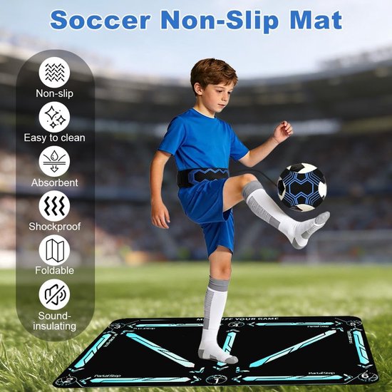 Voetbal Trainingsmat - Balcontrole Mat - Voetbaltraining Oefenen - Inclusief Balriem - 90 x 60 cm - Blauw Zwart — afbeelding 4