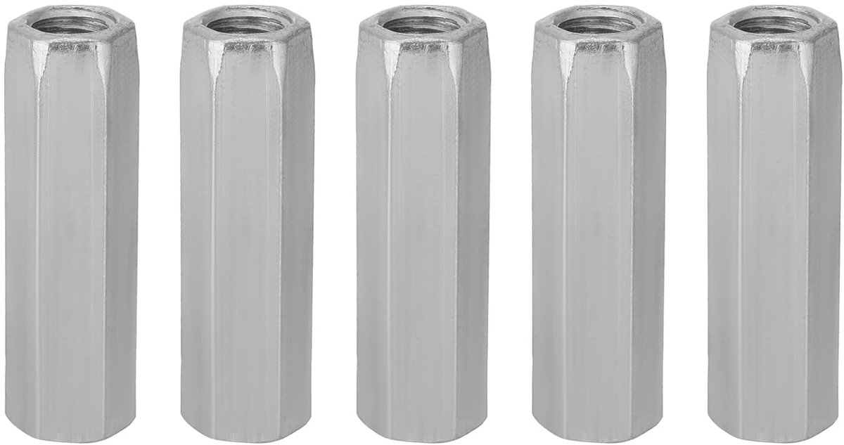 SnelShoppen - Long Hex Moeren M10x50 5 Stuks Gegalvaniseerd Staal Voor Thuis, Kantoor En Industrieel Gebruik, Sterke Bevestigingsmiddelen