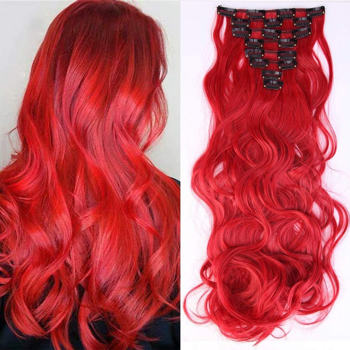 SnelShoppen - Clip-In Haarextensions, Haarstuk, 8 Vlechten, Natuurlijk Haar, Golvend Donkerrood, 43 cm, Perfect voor Feestjes en Dagelijks Gebruik