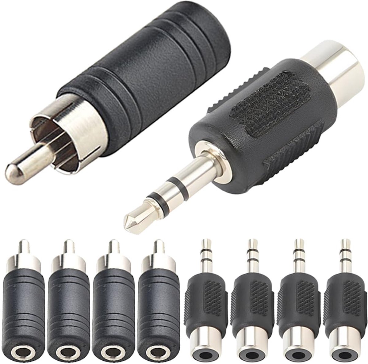 SnelShoppen - 1/8 inch Female Stereo Jack naar RCA Mono Male Adapter & 3.5mm Male Stereo Plug naar RCA Mono Female Adapter, Verchroomd, Zwart (10 Pack