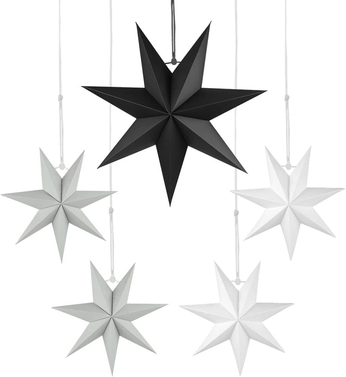 SnelShoppen - 5 Stuks Hangende Sterren Decoraties, 7 Punten Papier Sterren voor Kerst, Bruiloft, Feest, DIY, Zwart, Wit, Grijs, 40cm en 25cm