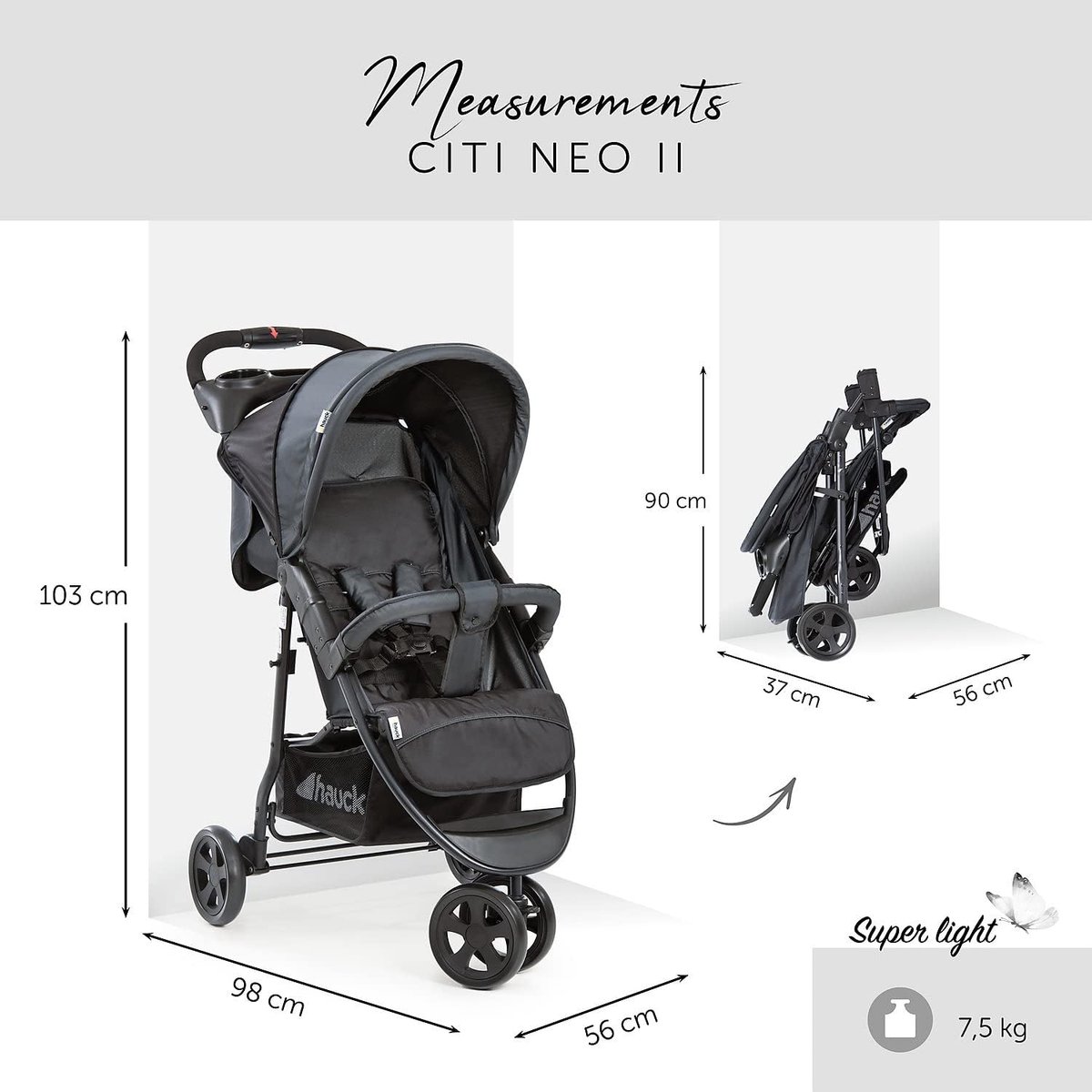 Neo 2 kinderwagen met drie wielen - opvouwbaar met één hand - lichtgewicht - tot 25 kg - grijs - opgevouwen 75 kg - bekerhouder - liggende positie - grote mand Buggy inklapbaar vliegtuig – foto 2
