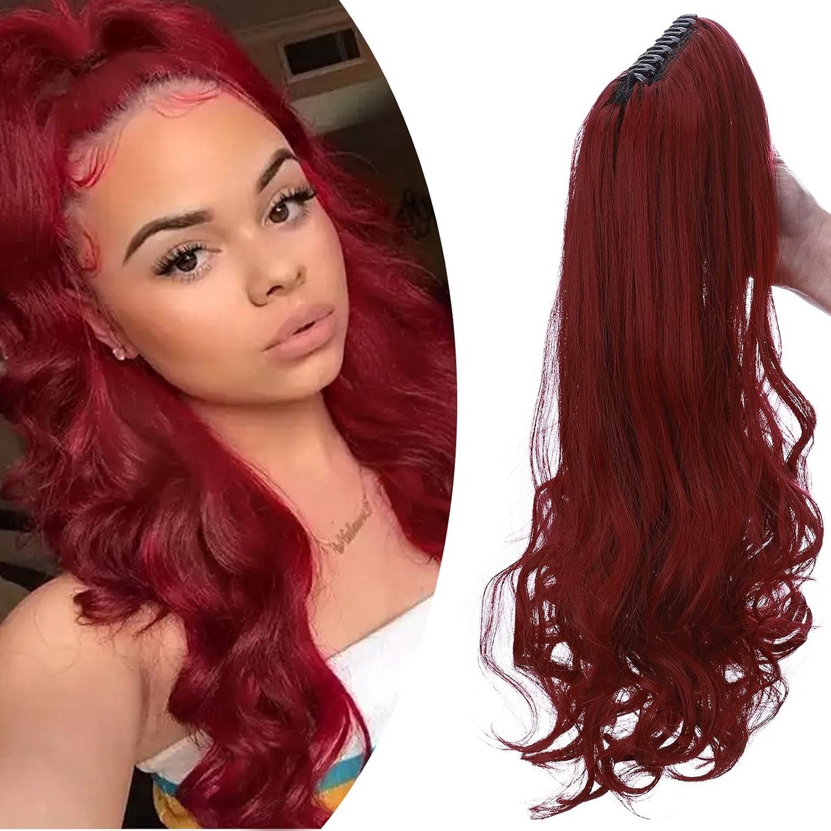 SnelShoppen - Ponytail Braid met Clip Haarstuk Haarextensions Heat Resistant (Steil + Golvend) 45 cm, Kastanjemix Donkerrood, Natuurlijk Uitziend voor