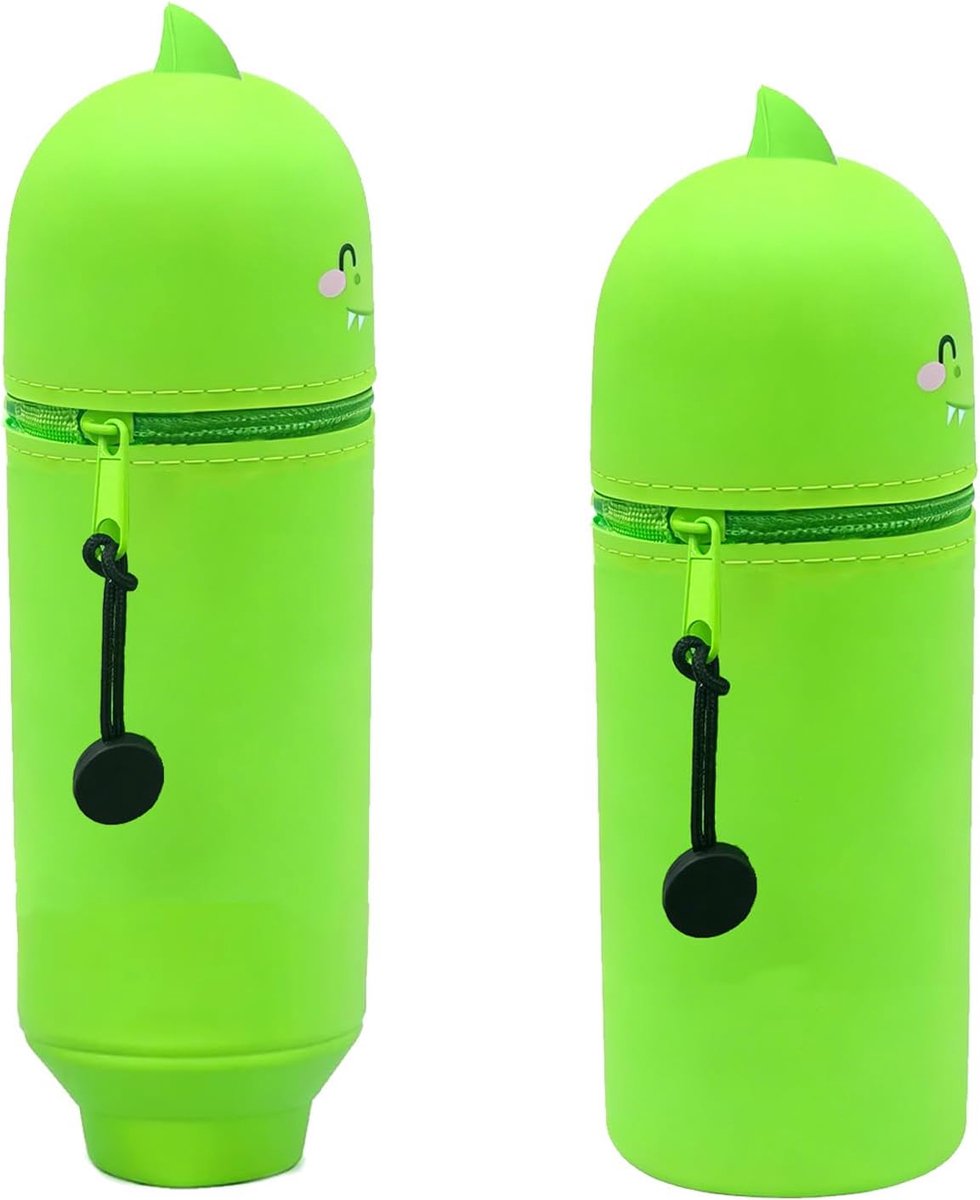 SnelShoppen - Schattig Dinosaurussen Groen Tasje 2 in 1 Zacht Siliconen Pennenhouder Met Ritssluiting Voor Kantoor School Klaslokaal, Compact Organize
