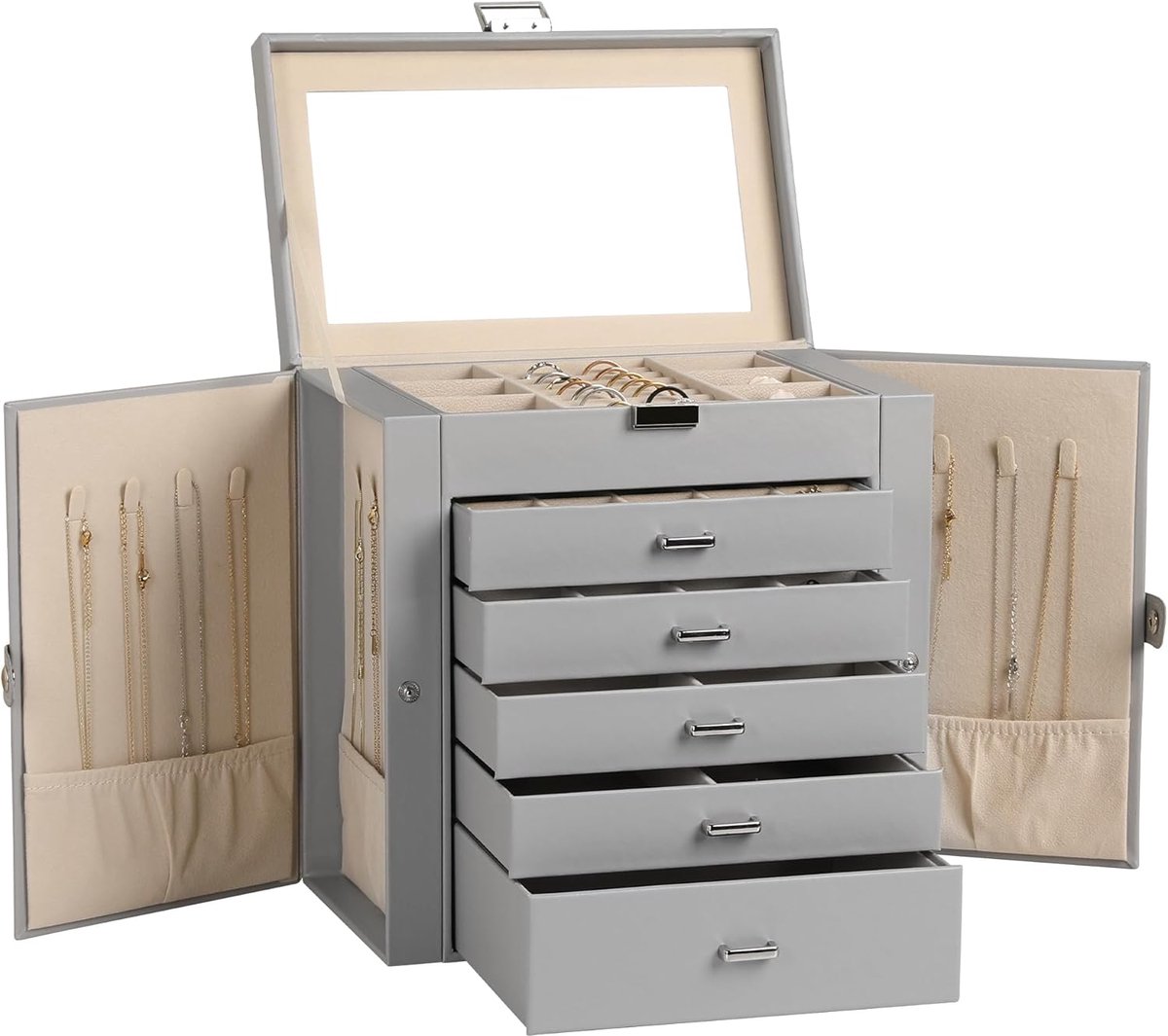 SnelShoppen - Grote Sieradenbox - 6 Laags PU Leer Sieraden Organizer met Slot - Multifunctionele Opbergdoos met 5 Lades voor Oorbellen, Kettingen, Arm