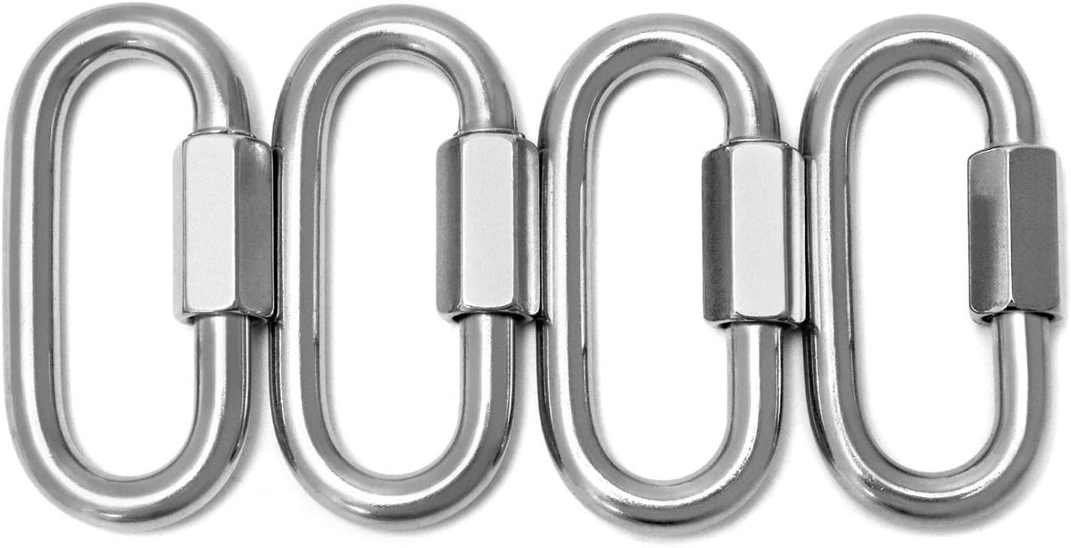 SnelShoppen - 4-delige RVS schroefverbinder M8, kettingring, schroefkarabijnhaak met 500 kg draagvermogen, ideaal voor buitenactiviteiten, camping, vi
