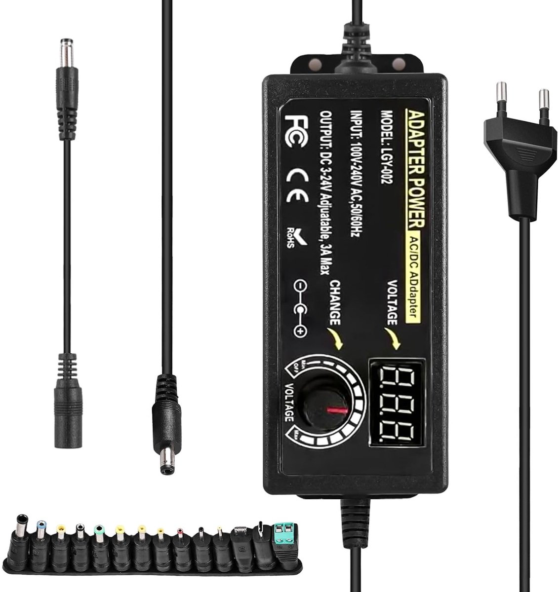 SnelShoppen - Universele Voedingsadapter, Instelbaar van 3V tot 24V, 3A 72W, Inclusief 14 DC Stekkers, LED Voltage Indicator voor Thuisapparaten