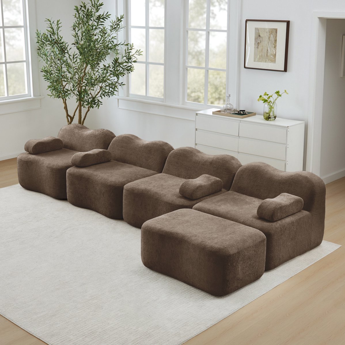 MEUNIQ 4-zits L-vormige modulaire hoekbank met 1 ottoman, wavevorm, 32D schuim en zacht fluweel voor woonkamer, bruin Brown