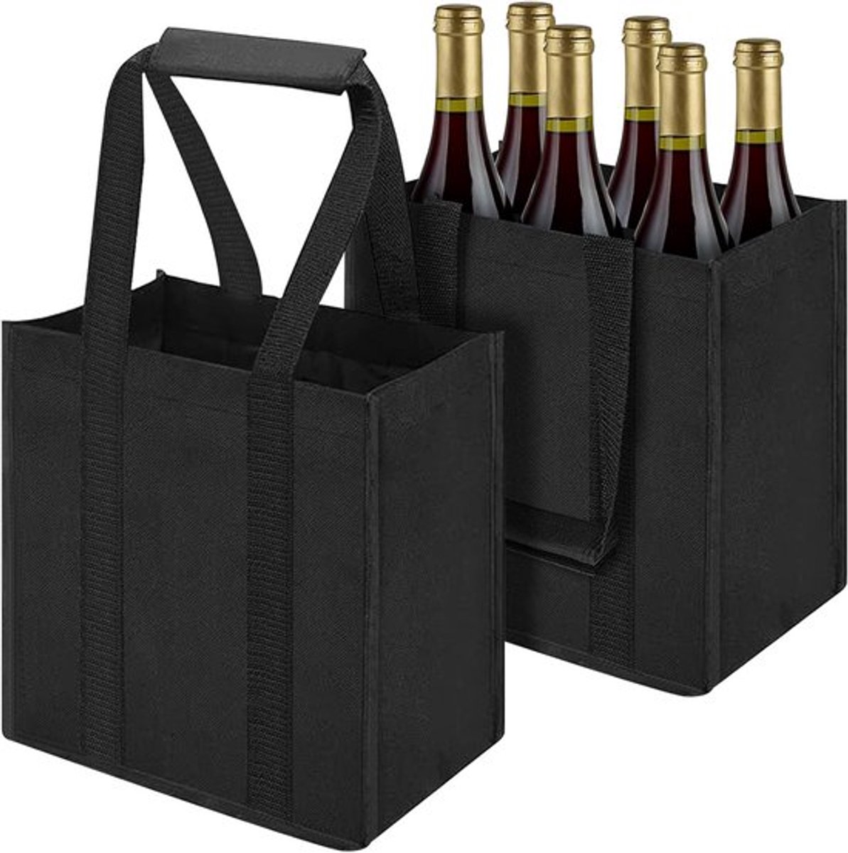 2 Stuks Flessendragers, 6 Flessen Tas met Verdelers, Herbruikbare Handtas voor Dranken, Zwart, Ideaal voor Picknicks en Uitjes