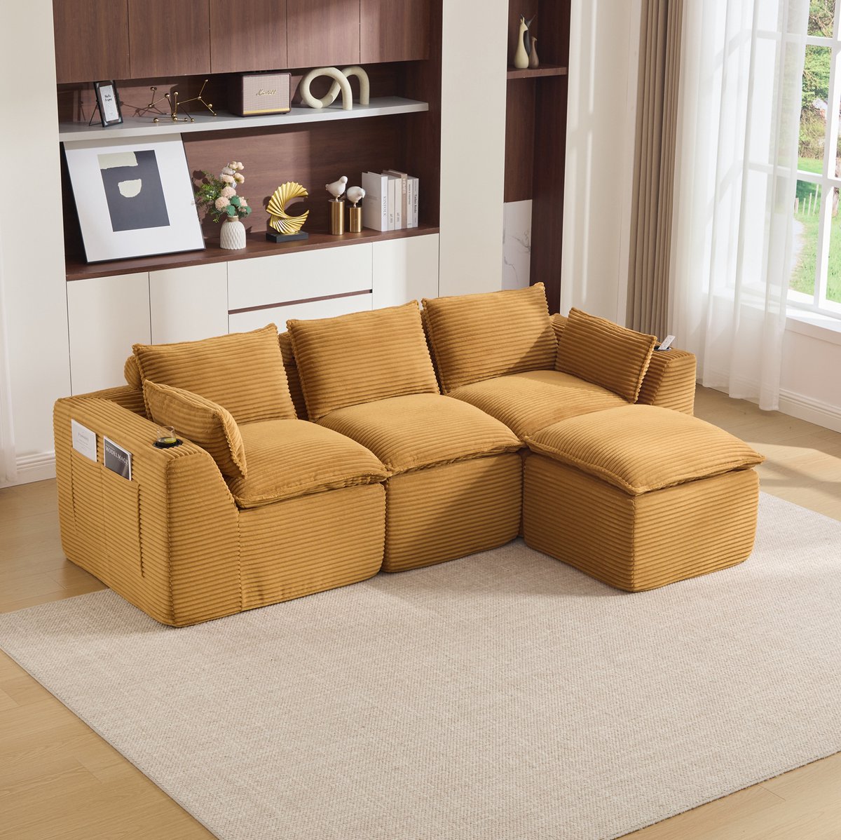 MEUNIQ modulaire 3-zitsbank met hocker, kussens, bekerhouder en zijvakken, ribstof, 256 x 161 x 75 cm, woonkamer, oranje Orange