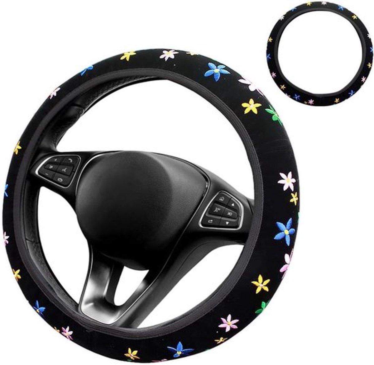 Schattige Bloemen Gestikte Stuurhoes, Universeel 37-38cm, Antislip, Zweetabsorberend, Auto Accessoires voor Bescherming en Comfort