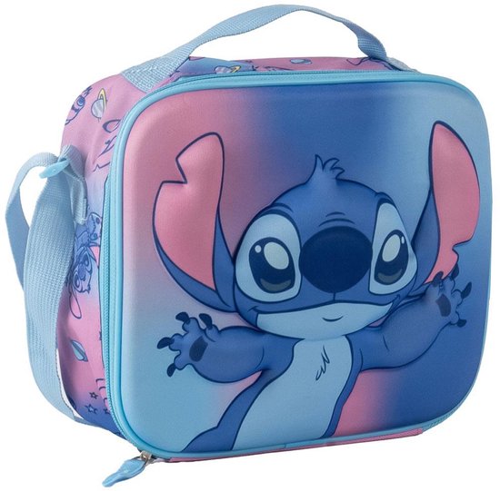 Sac à lunch rose et bleu avec une grande image de Stitch, avec des bordures bleues.
