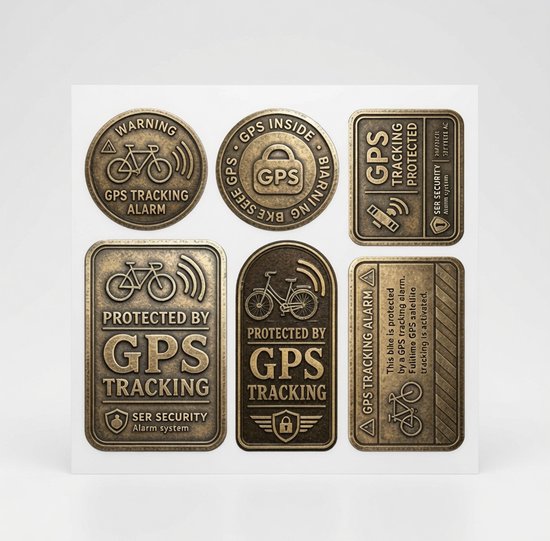 Zes bronzen stickers met fietsicoon en anti-diefstaltekst, zoals 'GPS Tracking Alarm' en 'Protected by GPS Tracking'.