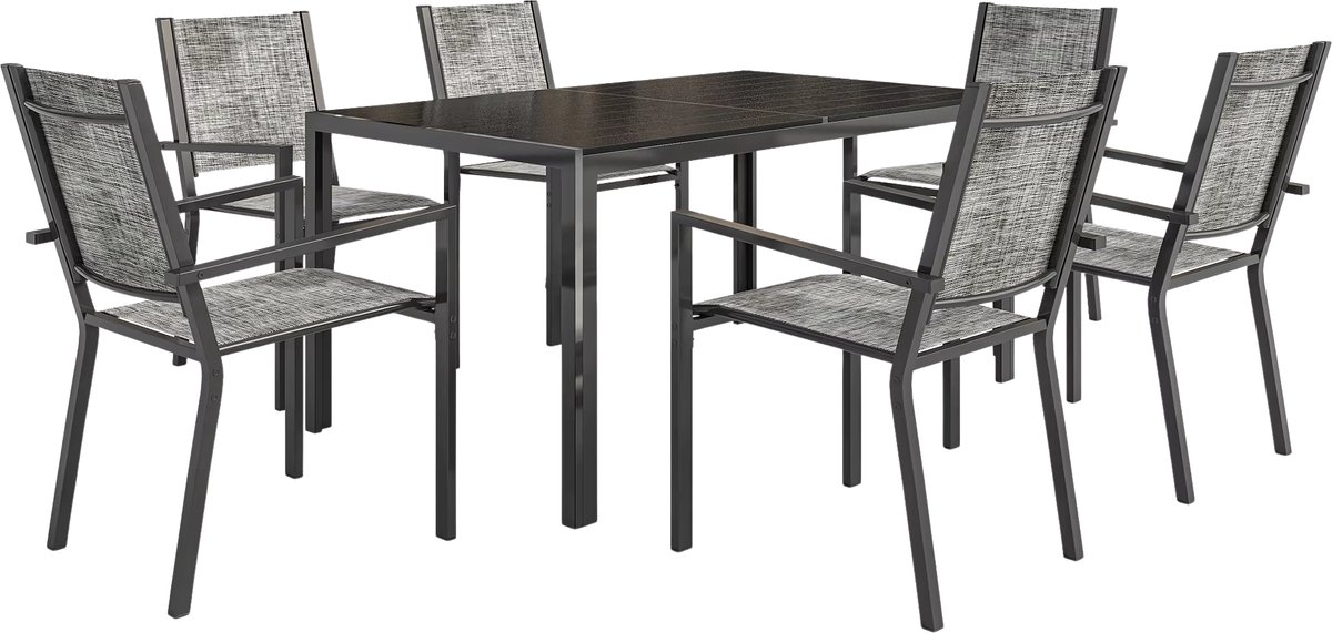 Tuin Eettafelset 7-delig Zwart – 150 cm Lamellenblad - - Roestbestendig Stalen Frame