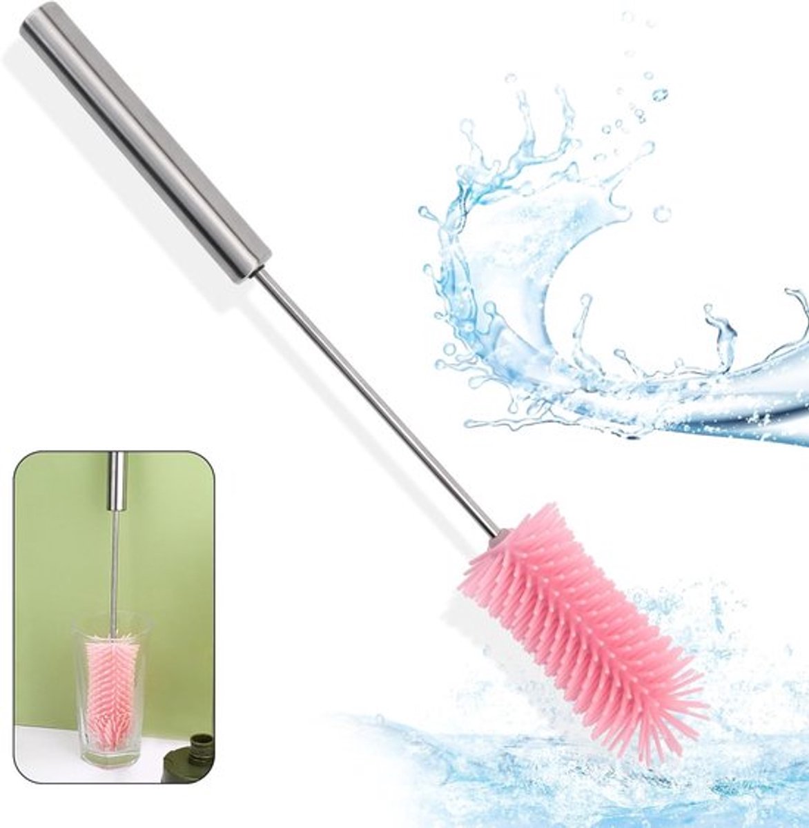 Diepe Reiniging Borstel met Lange Handgreep, Siliconen Flesborstel voor Waterflessen, Glazen Flessen en Melkflesjes, 37 cm, Draaiende Functie voor Optimaal Gebruik