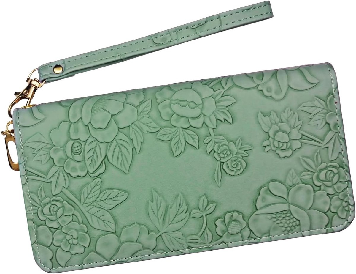 SnelShoppen - Dames Lange Portemonnee met Grote Capaciteit, Meerdere Kaartsleuven en Telefoonvak PU Leren Clutch Portemonnee met Polsbandje, Groen, Ca
