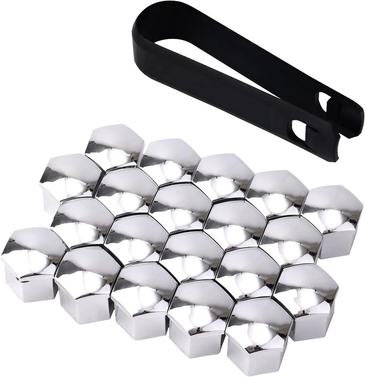 SnelShoppen - 20 Stuks 21mm Hexaankoppeling Wielmoerkappen voor Auto's met Verwijdertool - Zilveren Wielboutkappen Auto Accessoires voor de Meeste Aut