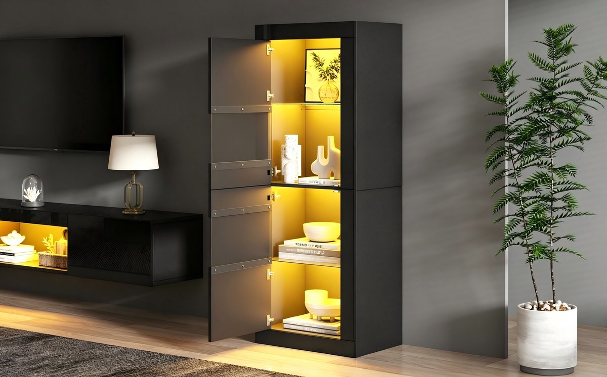 FloraGrace Vitrinekast - Moderne Ledverlichting En Glasplanken - Voor Woonkamer En Eetkamer - Zwart - 61x42x162 Cm