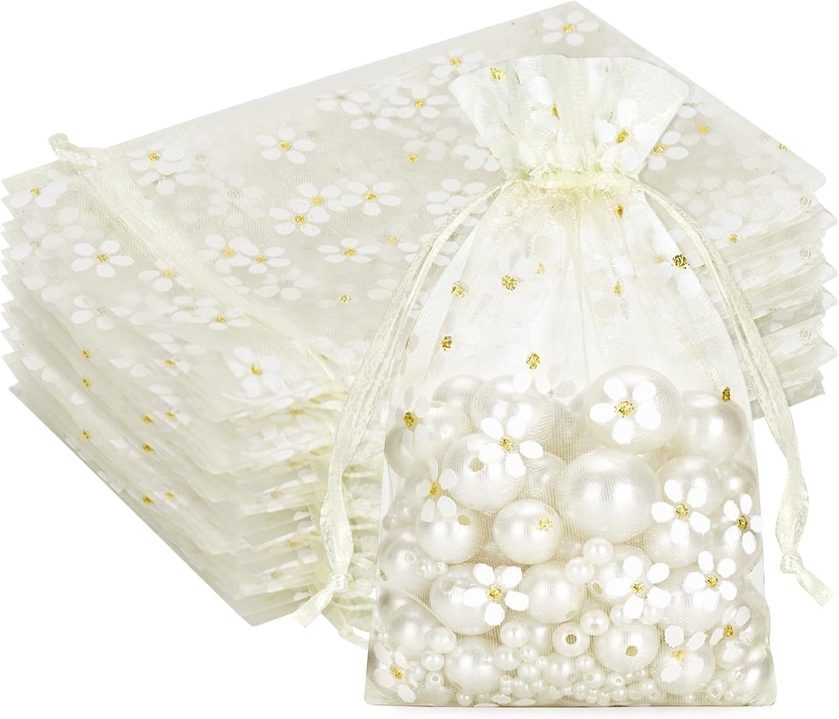 SnelShoppen - Organza Zakjes Beige Margrieten, 10 x 15 cm, 30 Stuks voor Sieraden, Trouwen, Communie, Doop en Feestelijkheden