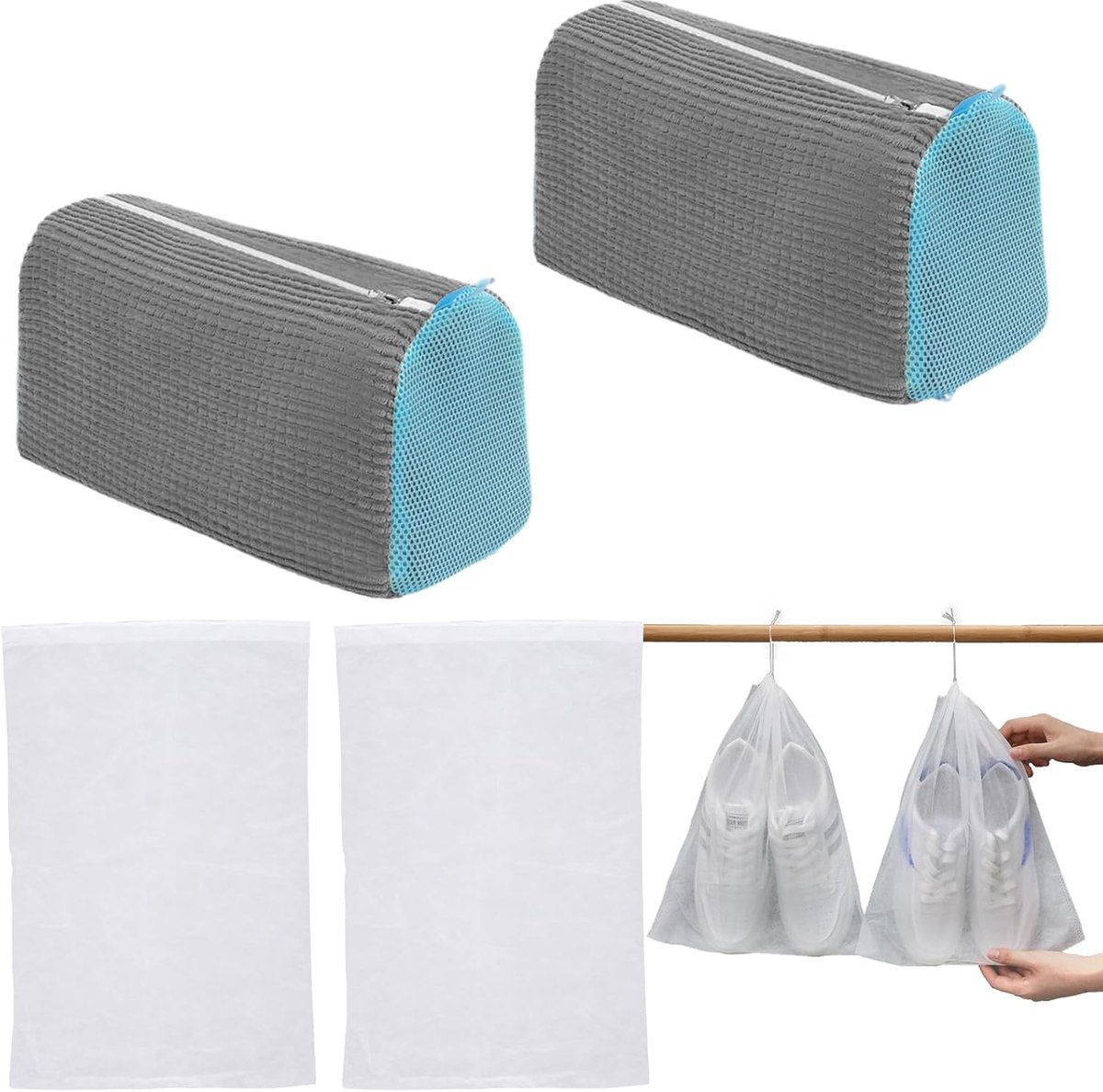 Set van 2 waszakken voor schoenen, wasmachine, schoenentas met 360° reinigingsdons, 4 stofzakken, herbruikbaar, pluisvrij, waszak voor sportschoenen (grijs)