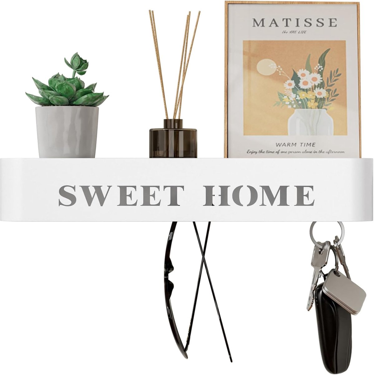 SnelShoppen - Sleutelhanger met Plank, Wandkeyboard, Modern Minimalistisch Sleutelhouder, Metalen Sleutelhouder met 5 Verborgen Wandhaakjes voor Entre