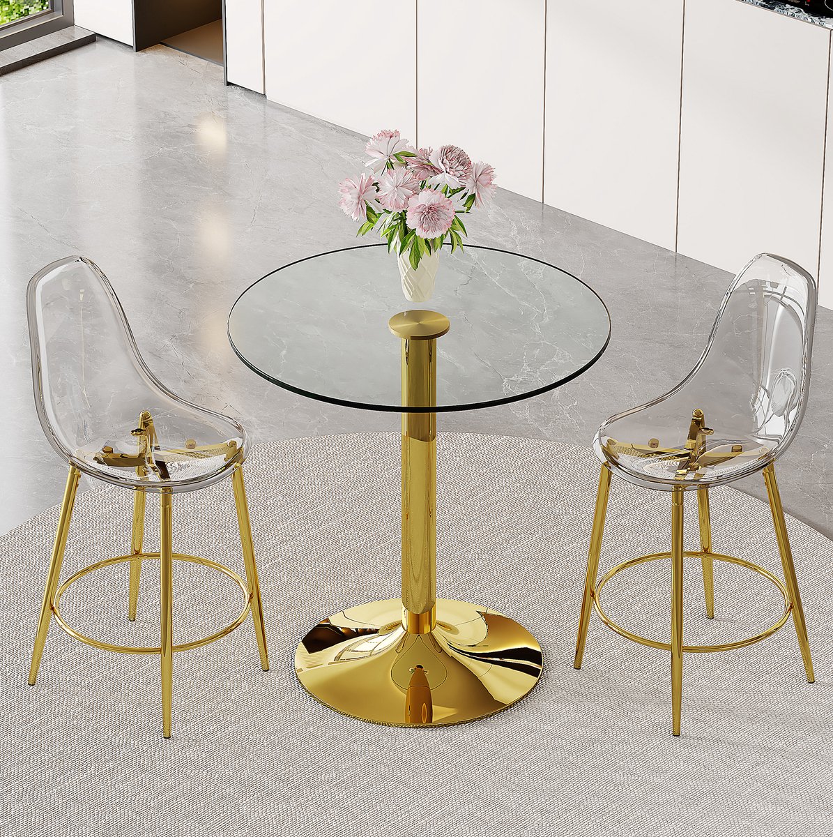 REDOM - Set tafel en stoelen - Barset voor 2 personen - Rond glazen tafelblad - Metalen frame - Modern - Open keuken - Metaal en kunststof - Goud - 89 cm