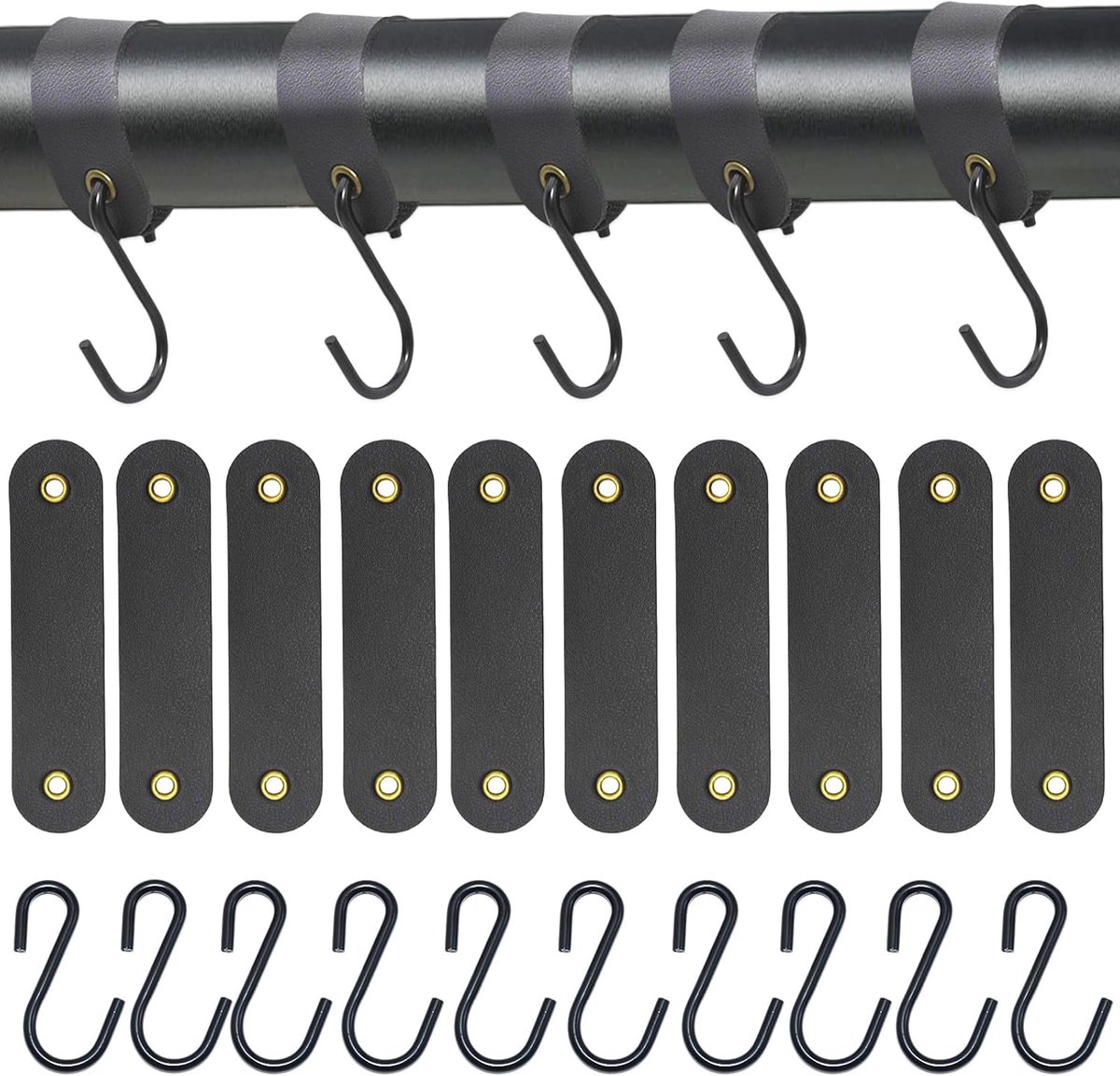 SnelShoppen - Set van 10 Z-vormige Haken Zwart met Leren Lus, Metalen Haken voor Ophangen, Multifunctionele Haken voor Kledingrek, Ideaal voor Keuken,