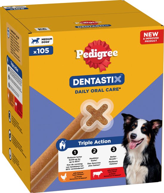 Doos Pedigree Dentastix voor middelgrote honden, 105 stuks, met een lachende bordercollie.
