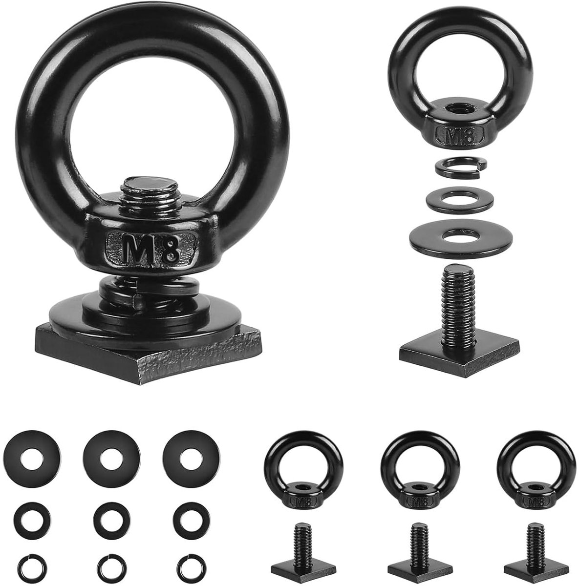 SnelShoppen - 4 Stuks M8 Ringmoeren voor Dakkoffers, Vierkante Bouten M8*20mm, T-Spoor Bevestigingsankers, RVS Ringbouten, Oogbouten, Zware Bevestigin