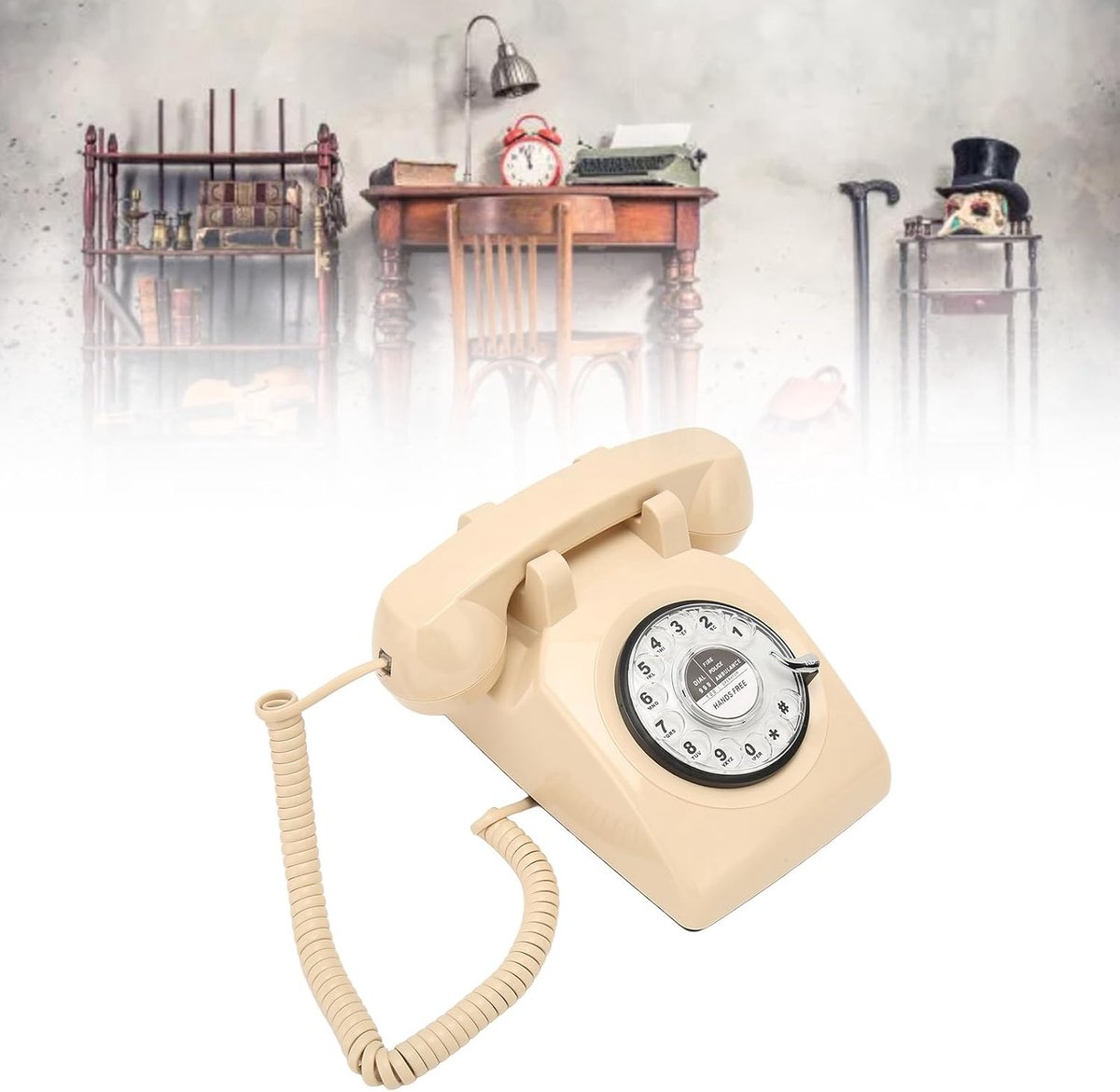 SnelShoppen - Vintage Draaitelefoon Retro Gekoppelde Telefoon met Mechanische Bel, Bureau Telefoon voor Hotel Thuis Kantoor (Beige)