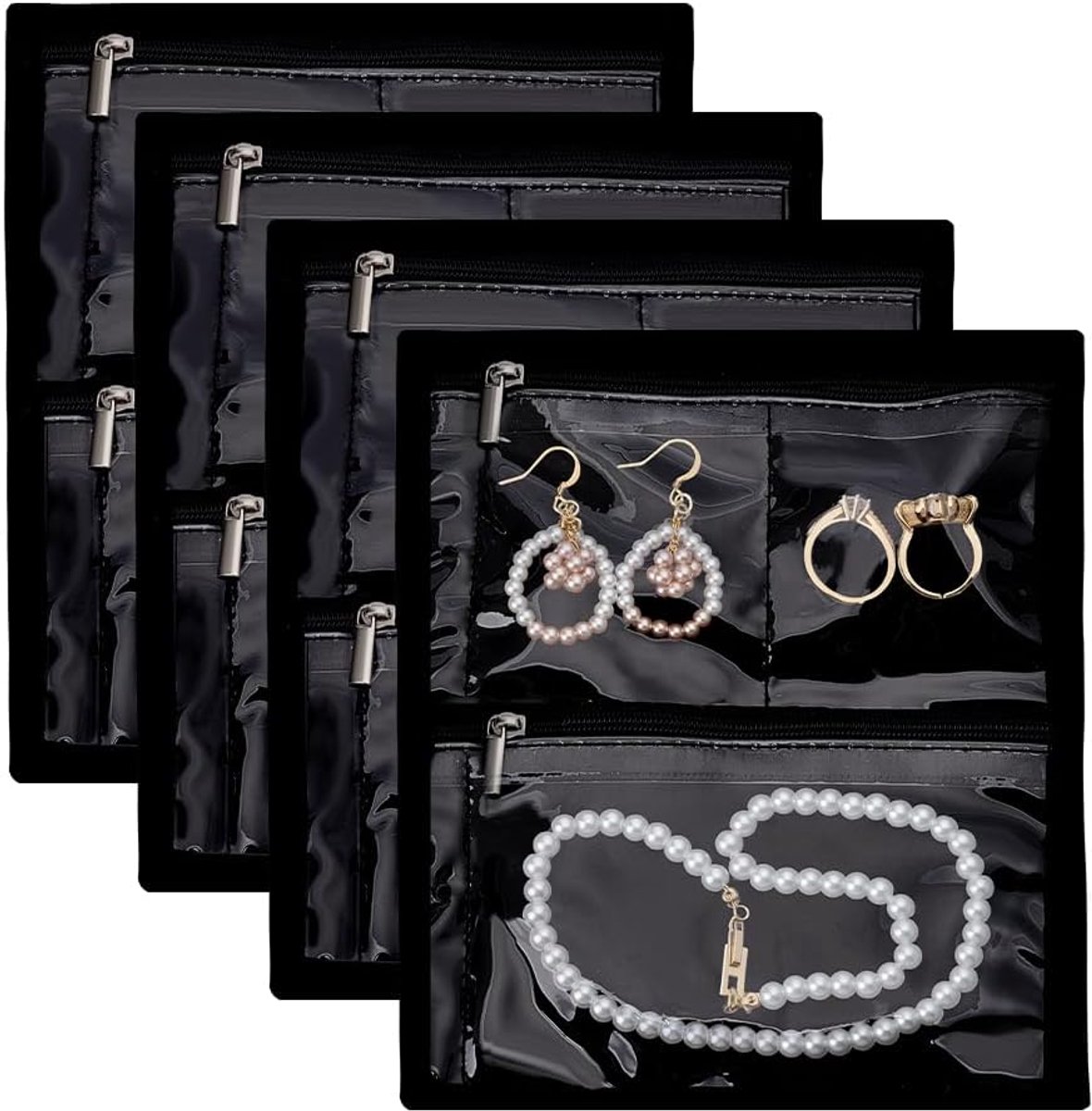 SnelShoppen - 4-delige reis sieraden organizer 19,5 x 16,5 cm met rits, voor sieraden, oorbellen, ringen, kettingen, armbanden, zwart