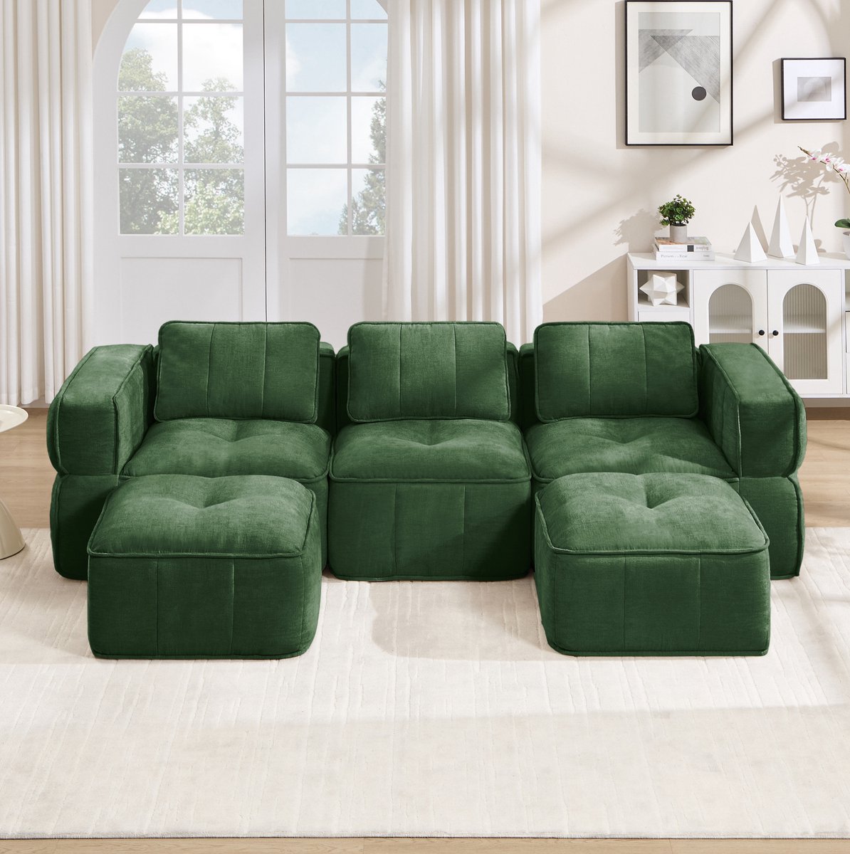 FloraGrace U-Bank 3-Zits - Modulaire Bank Met 2 Hockers En 32D Koudschuim - Voor Woonkamer - Polyester - Groen