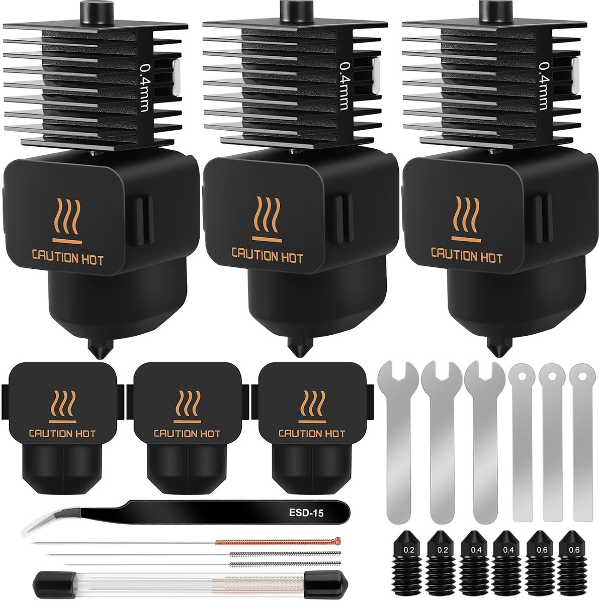 SnelShoppen - 3 Pack A1/A1 Mini Hot End Upgrade Kit voor 3D Printers, Inclusief 0.2/0.4/0.6 mm Nozzles, Silicone Hoezen, Reinigingsnaalden, Sleutel en