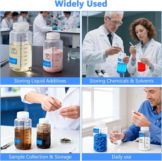 SnelShoppen - 5 Stuks Brede Nek Fles 500ml 250ml Laboratorium Fles met Schroefdop, Inclusief Etiketten, Spuit en Flesborstel voor het Bewaren van Vloe — afbeelding 4