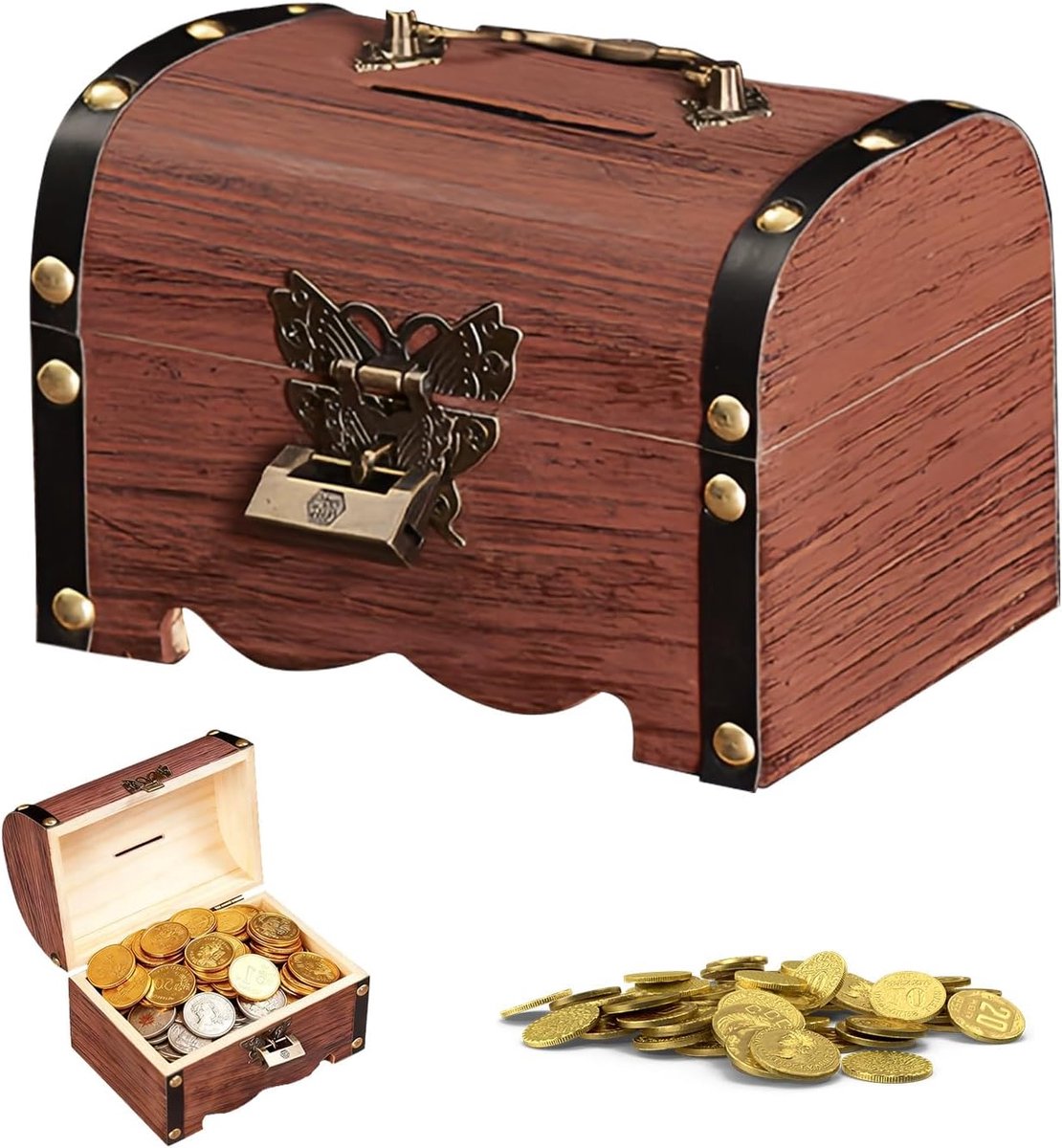 SnelShoppen - Vintage Houten Schatkist Kleine Schatkist Retro Geldbox Opslag Houten Kleine Schatkist met Slot en Sleutels voor Decoratie en Opslag