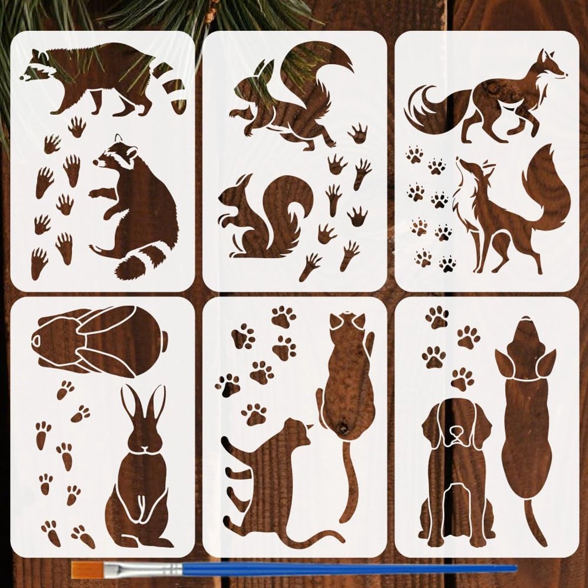 SnelShoppen - 6 Dier en Voetafdruk Sjablonen met Borstel - 29,7 x 21 cm - Katten, Honden, Raccoons, Konijnen, Vossen, Eekhoorns - Creatief Schilderen