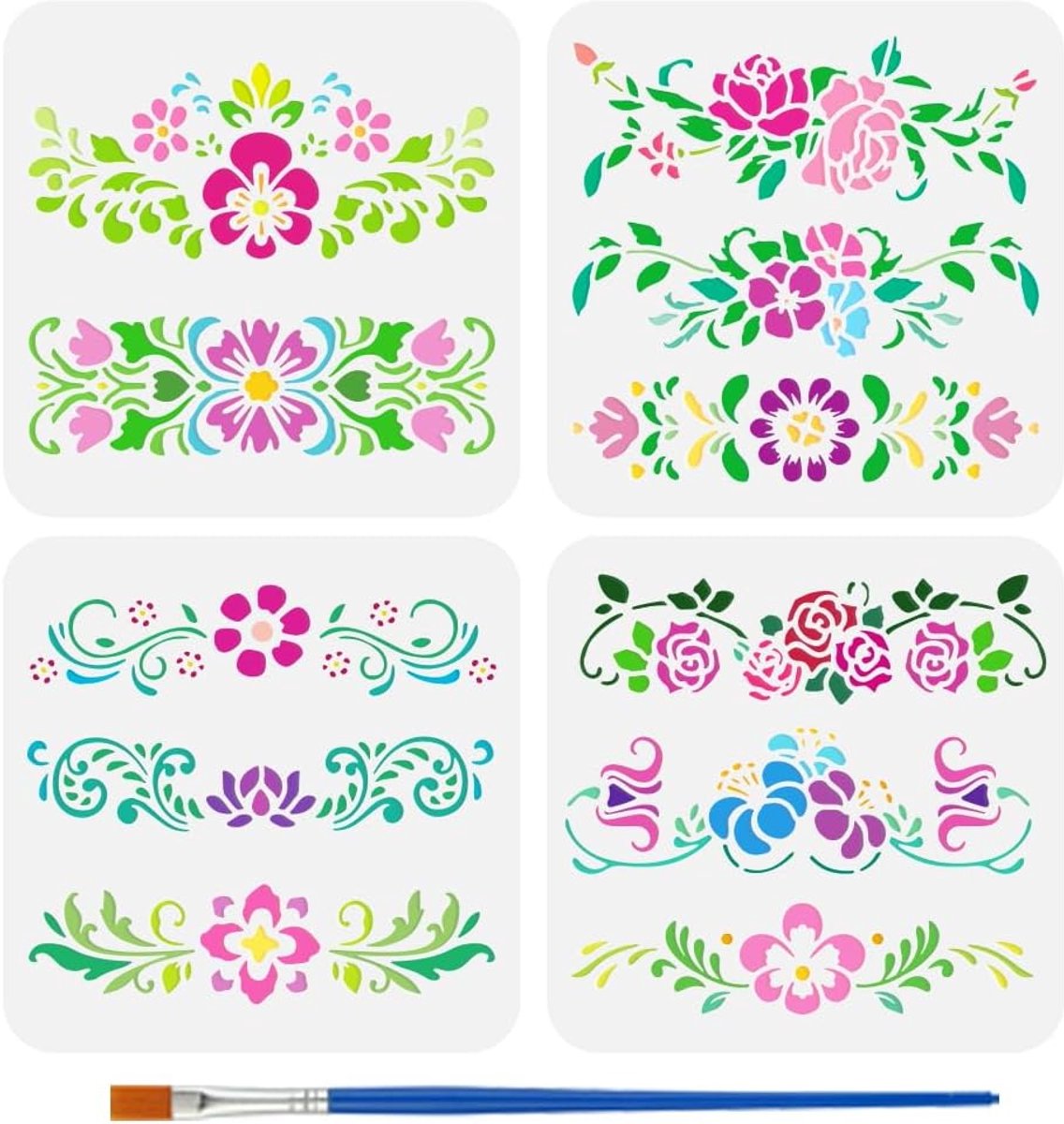 SnelShoppen - 4 Stuks Herbruikbare Bloemen Border Sjablonen met Kwast 20x20cm - Decoratieve Rozenpatronen voor DIY Schilderen en Creatieve Decoratie