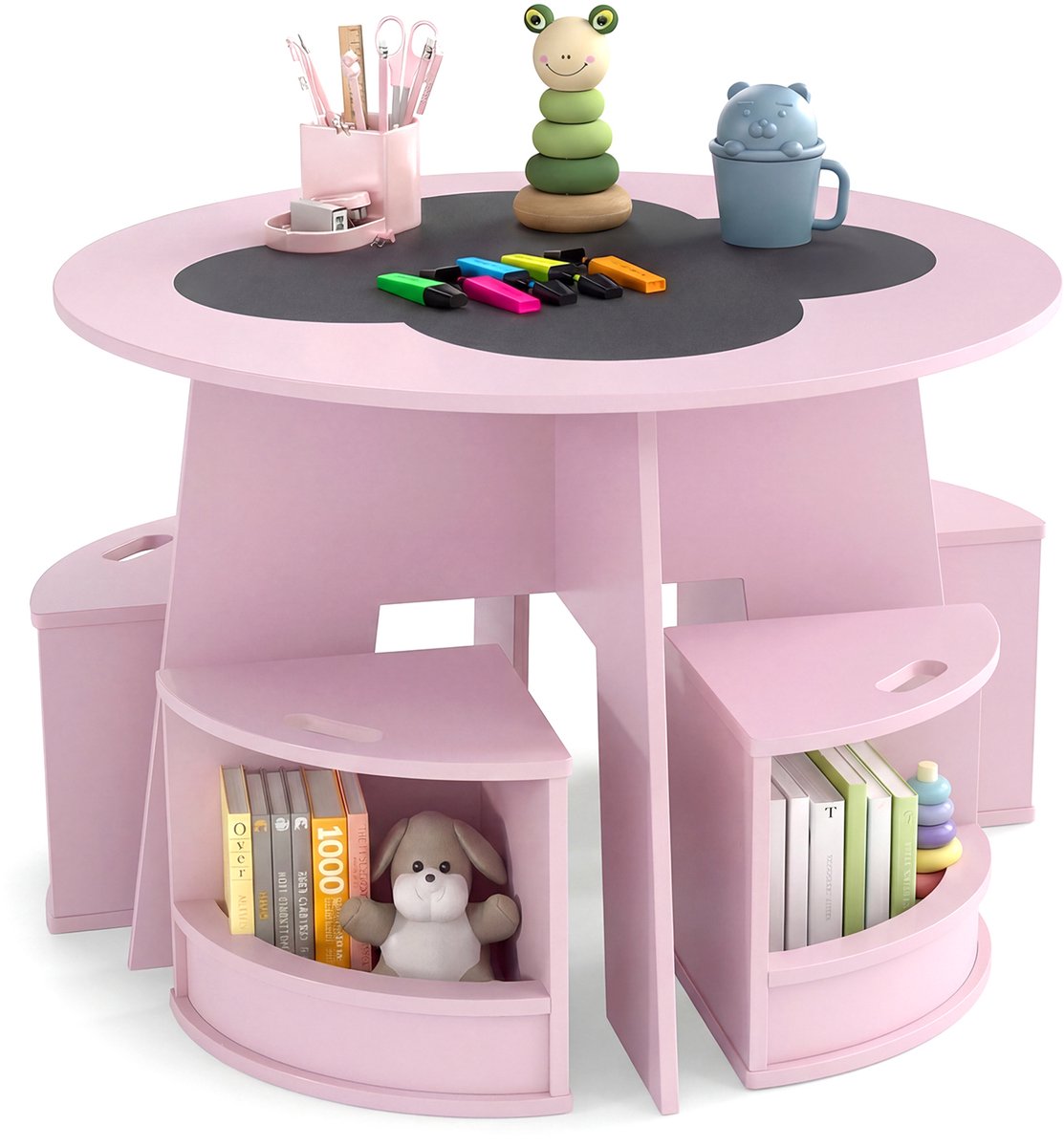 COSTWAY kindertafel en Stoelset Ronde, 5-delige houten kinderzitgroep met 4 opbergkrukjes & krijtbord tafelblad, kleurtafel voor kinderkamer, zitgroep voor kinderen vanaf 3 jaar (roze)