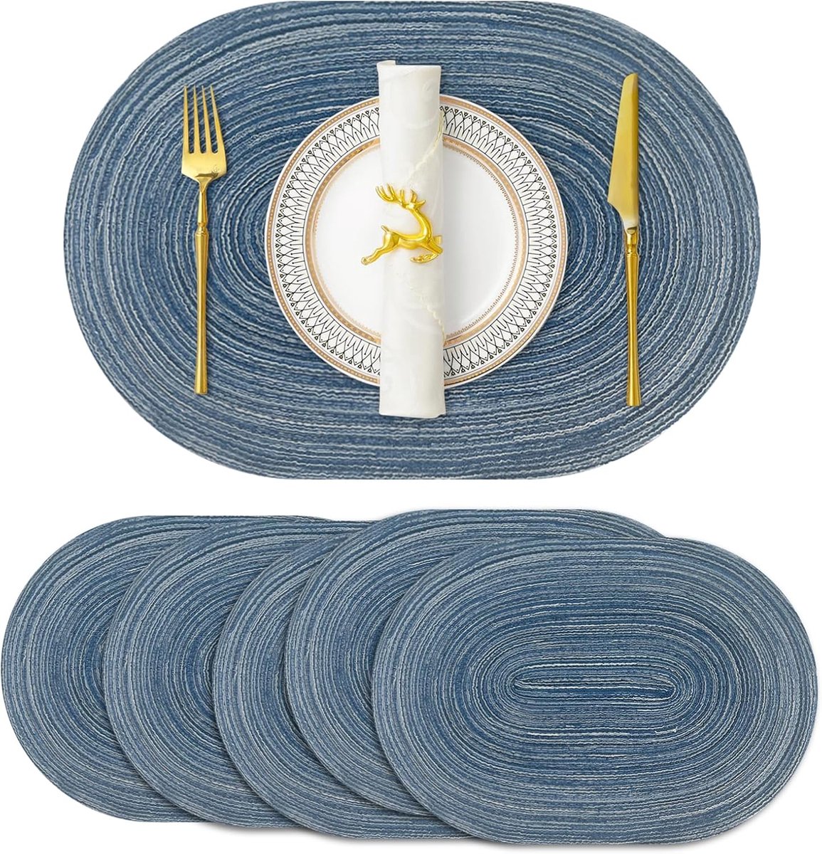 Placemats - Ovaal Geweven Placemats - 35x50 cm - Katoenen Tafelmatten - Hittebestendig en Wasbaar - Voor Binnen en Buiten - 6 stuks - Blauw