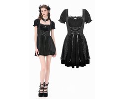 Dark in Love - Velvet Gown with Vintage Lace Patchwork, Bat Motif and Corset Laceup Detail Korte jurk - XS - Zwart
