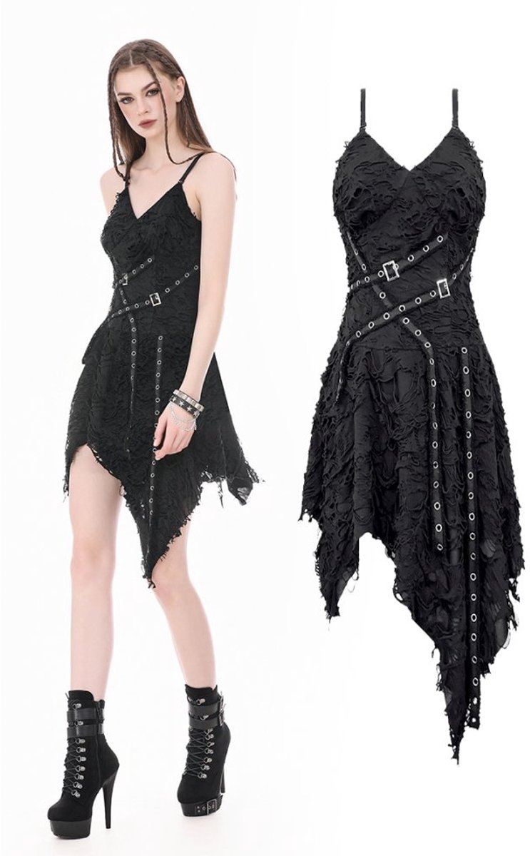 Dark in Love - PostApocalyptic with Shredded Texture and Metallic Buckle Harness Korte jurk - L - Zwart