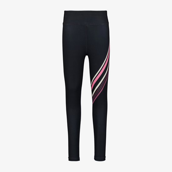 Zwarte sportlegging voor meisjes met een decoratieve diagonale streep in roze, crème en stippen.