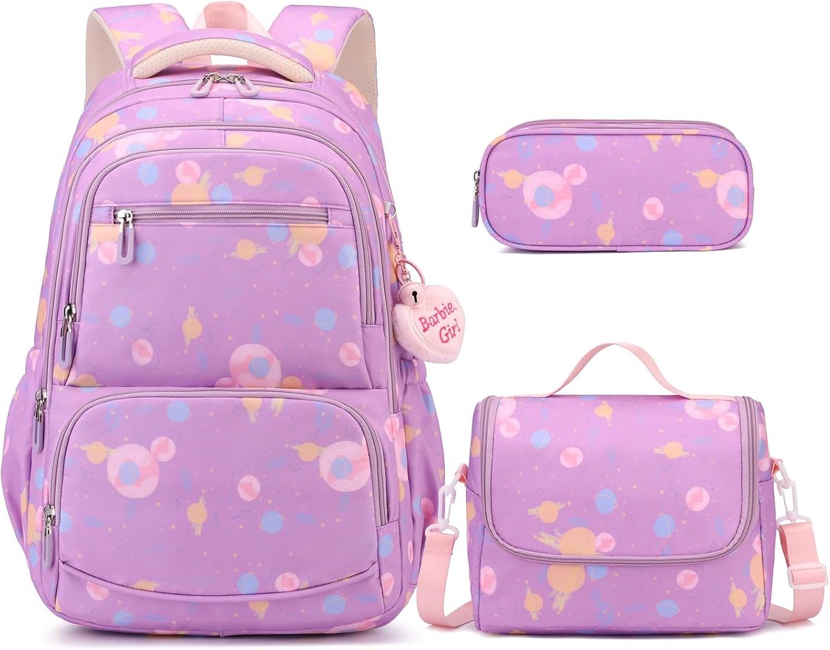 VHV Schoolrugzak Meisjes - 3-delige Schooltassenset 28 L met Lunchset en Etui - Paars - Voor School en Reizen