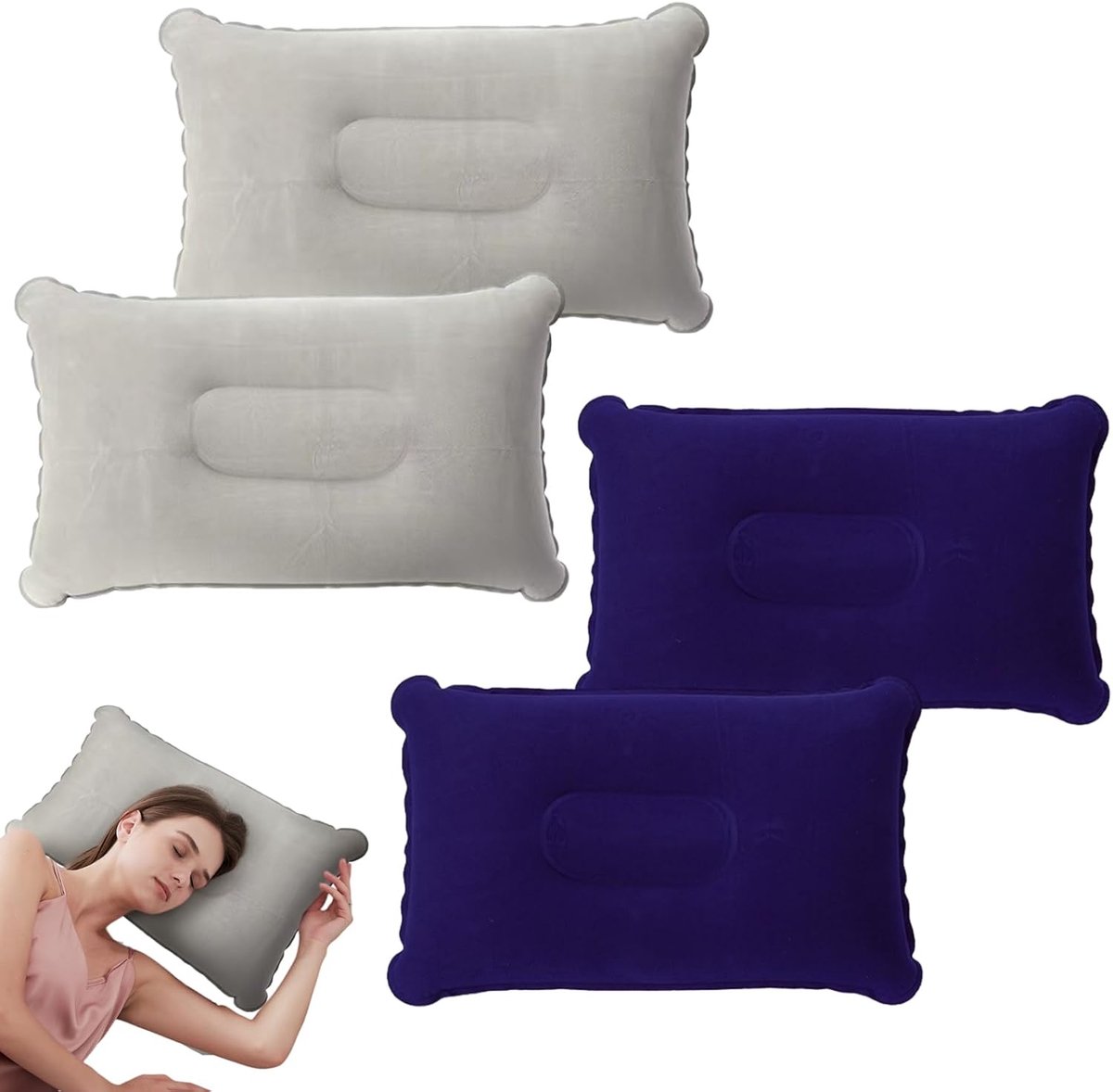 SnelShoppen - Pack van 4 Opblaasbare Kussens, Ultralicht PVC en Vlokkerige Oppervlakte, Grijs en Donkerblauw, 34 x 22 cm, Camping, Wandelen, Strand, L