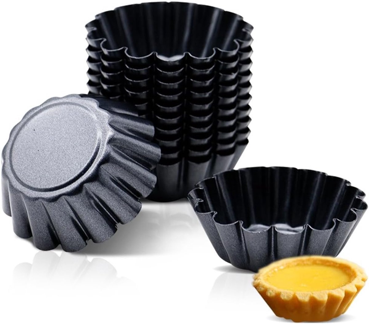 SnelShoppen - Set van 12 mini carbonstalen tartelettevormpjes, anti-aanbak, herbruikbare bakvormen voor taart, muffins, pudding - 6.5cm diameter, idea