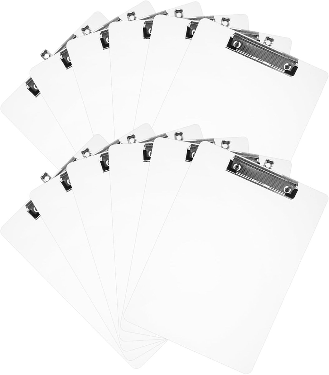 Pack of 12 Clipboards A4 Plastic Clipboards A4 with Metal Clamp and Hanging Eyelet, 312 x 223 mm White Clipboard A4 - ShopVlot