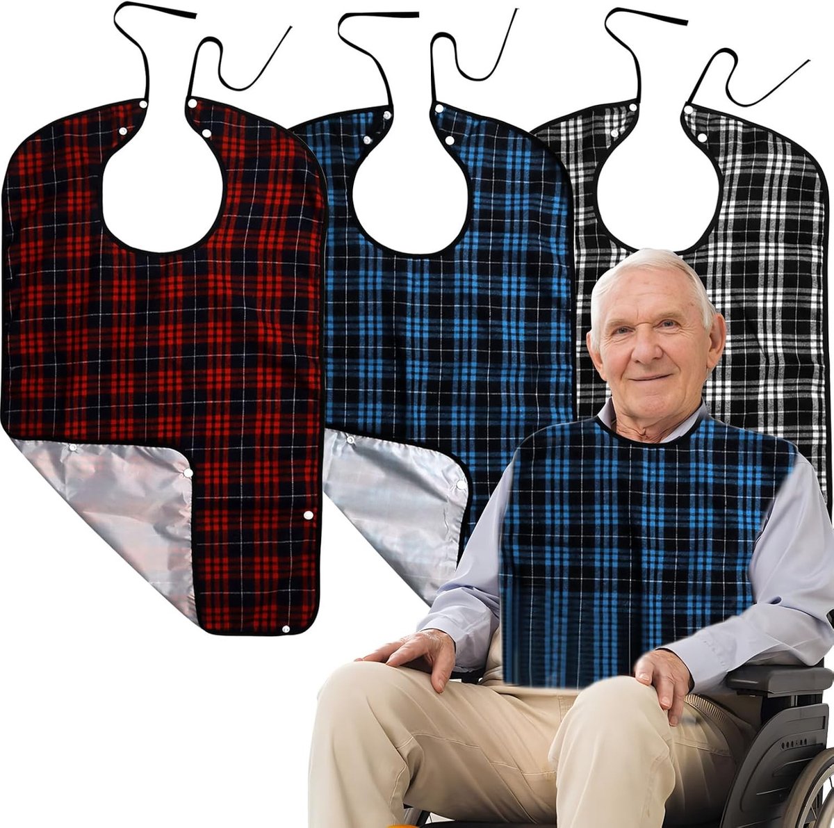 Slabben voor Volwassenen - 3-pack - Waterdicht met Drukknoopsluiting en Spatlap - Wasbaar - Voor Mannen, Vrouwen, Ouderen en Mensen met een Beperking
